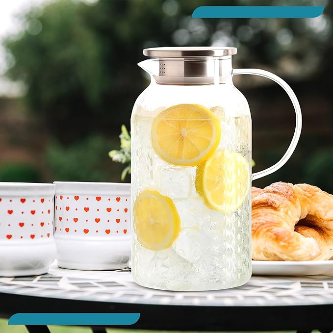 2 Liter 68 oz Glass Pitcher with Lid and Spout, Diamond Glass Carafe for Hot/Cold Water, Large Iced Tea Pitcher for Juice and Homemade Beverage