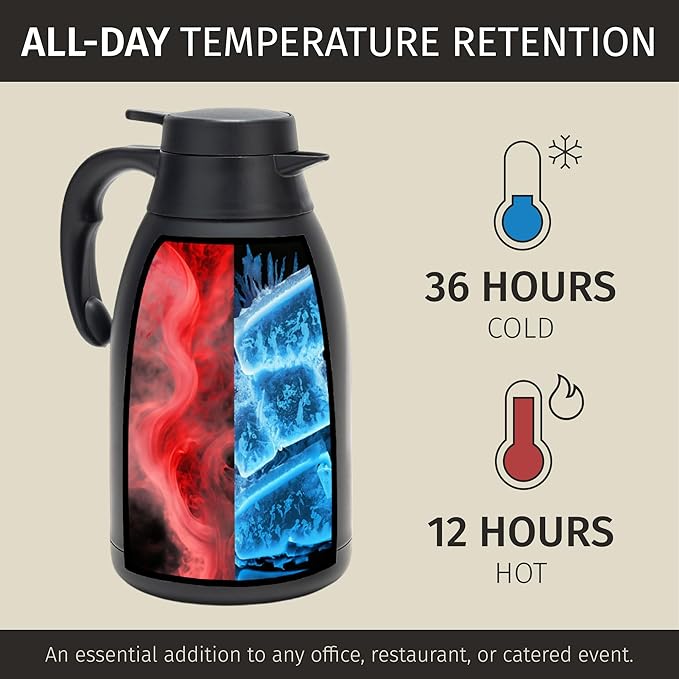 Thermal Coffee Carafe, 68 Oz - Sophisticated Black Stainless Steel, Durable & Easy to Pour, Keeps Drinks Perfectly Hot for 12 Hours & Chilled for 36 Hours, Ideal Coffee Urn for Home, Office, & Parties