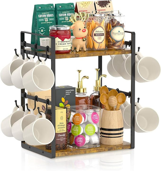 EsLuker.ly 2 Tier Coffee Mug Holder Station Bar Organize Countertop, Mug Cup Tree Rack for Kitchen Office, Storage Shelf with 12 Removable Hooks, Creat Stylish Coffee Corner