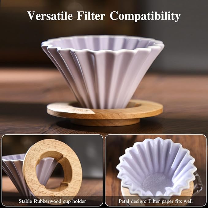 Bincoo Ceramic Coffee Dripper,Pour Over Coffee Dripper with Wood Stand, Flower-shape for 1-2 Cups Slow Brewing Maker for Home Cafe (Purple)