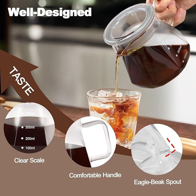 Pour Over Coffee Maker Set 400ml Portable with 50 Pcs Filter Paper Glass Coffee Maker High Borosilicate Glass Eagle Beak Spout Design Walnut Wood Base for Pour Over Dripper for Daily Brewing