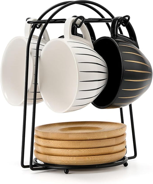 LUKA Ceramic Demitasse Espresso Cups Set with Saucers and Metal Stand, 8 oz Porcelain Cappuccino Cups Teacup For Tea, Espresso, Latte, Coffee, Cafe Mocha, Set of 4, Stripe White & Black