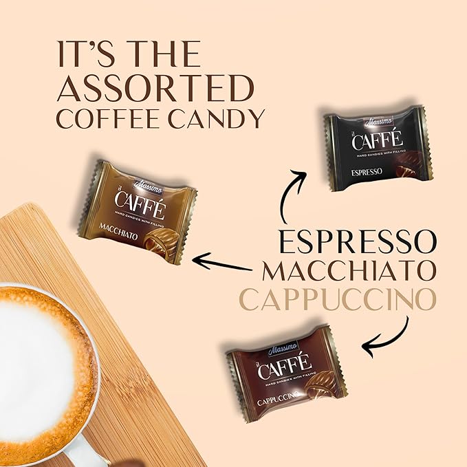 Maestro Massimo Coffee Candy with Center Filling, 3mg Caffeine per Candy, Individually Wrapped, Macchiato, Espresso, Cappuccino Flavored, 7.05 oz Bag - Pack of 1