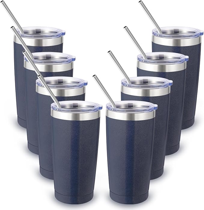 Volhoply 20oz Stainless Steel Tumbler with Lid and Straw Bulk 8 Pack,Double Wall Insulated Travel Iced Coffee Mug Fits Cup holder,Powder Coated Cups for Hot/Cold Drinks,Christmas Gifts（Navy,8 Set）