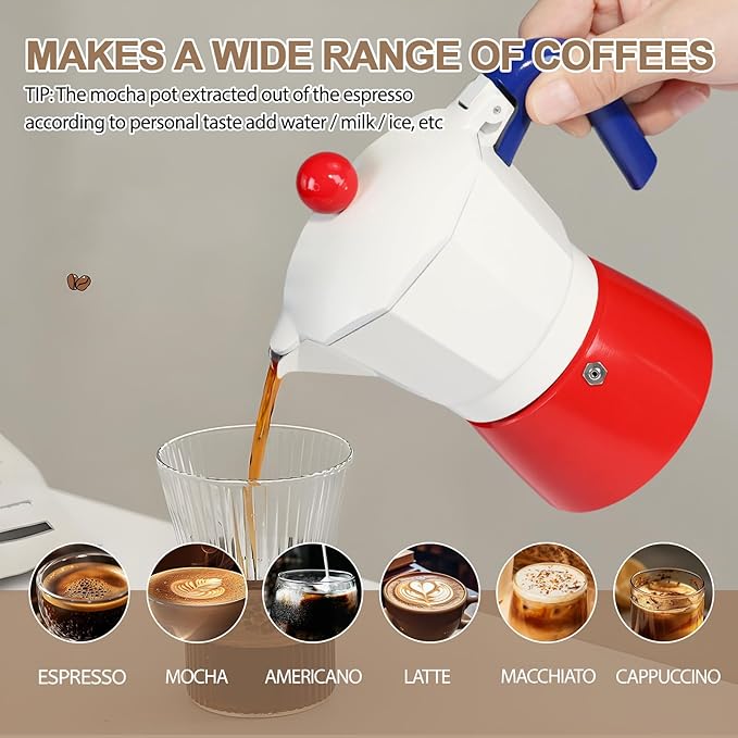 Aluminum 6 Cup 300ml Moka Pot Express Coffee Maker Stovetop Espresso Colorful Coffeemaker Italian Classic Style Brewing Greca Cafe Mocha Machine for Cafeteras Lover Camping Travel and Home Use 10oz