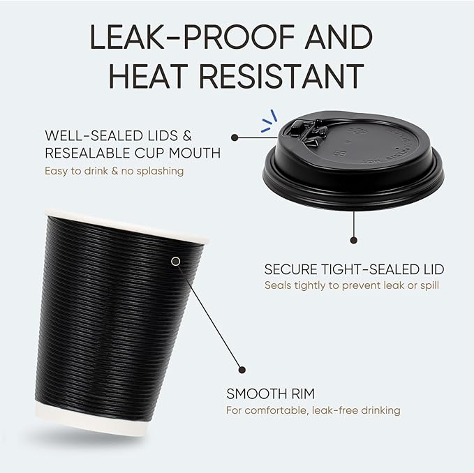 100 Pack 12 oz Disposable Coffee Cups with Lids and Straws, Insulated Ripple Wall To Go Paper Corrugated Cups, Bulk for Hot/Cold Drinks, Cafe Bar, Office, Chocolate, Cocoa (Black)