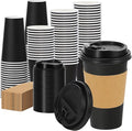 Lamosi 100 Pack 16 oz Disposable Coffee Cups with Lids and Sleeves, Black Leak-Proof To Go Coffee Cups with Lids, Hot/Cold Beverage Black Drinking Cup for Home, Office, Parties, Travel