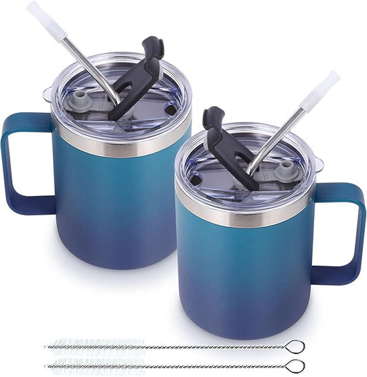 Volhoply 12oz Insulated Leakproof Coffee Mug with Flip & Straw Lid Bulk 2 Pack,Double Wall Vacuum Stainless Steel Travel Tumbler Cup with Handle,Camping Mugs Keep Cold/Hot(Dark Night,2 Set)