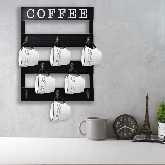 Solid Wood Coffee Mug Holder Wall Mounted, Rustic Cup Rack with 8 Hooks Large Space for Big Cups for Kitchen, Home, Coffee Bar Station (Black)