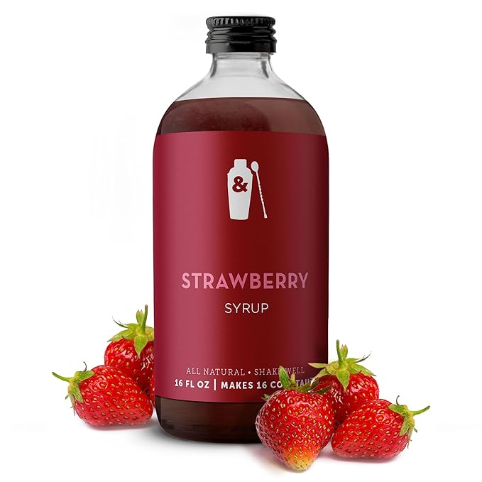 Shaker & Spoon Strawberry Syrup, 16oz Cocktail Syrup for Craft Cocktails, Mocktails, Non Alcoholic Drinks, Cocktail Mixers, Strawberry Lemonade, Soda Syrups