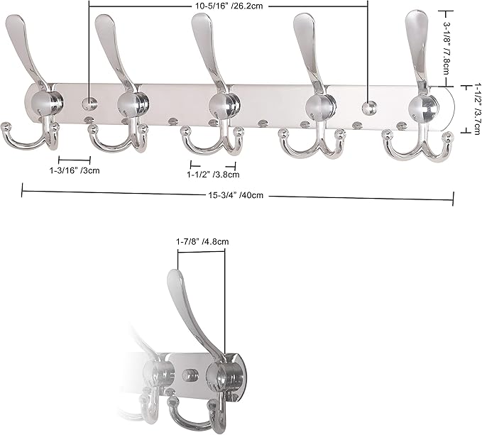 Dseap Coat Rack Wall Mounted - 5 Tri Hooks, Heavy Duty, Stainless Steel, Metal Coat Hook Rail for Coat Hat Towel Purse Robes Mudroom Bathroom Entryway,Chromed