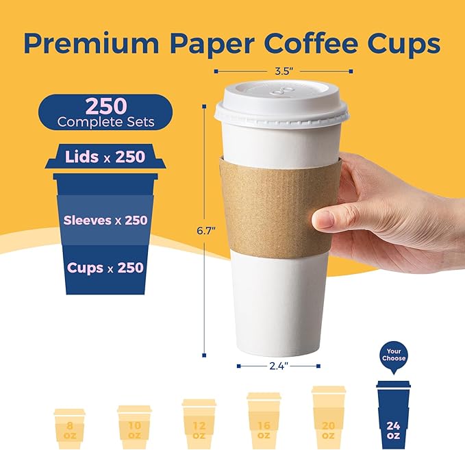 Fit Meal Prep 250 Pack 24 oz Disposable Coffee Cups with Lids, Sleeves, Leak-Proof To Go Coffee Cups with Lids, Durable Hot Paper Cups for Home, Office, Party, Business