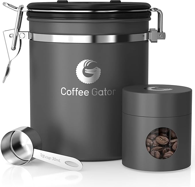 Coffee Gator Coffee Canister Airtight, 16oz Stainless Steel and 4oz Borosilicate Glass Travel Kitchen Food Storage Container with Date Tracker, Scoop for Beans, Ground, Sugar, Tea, Cookies Jars