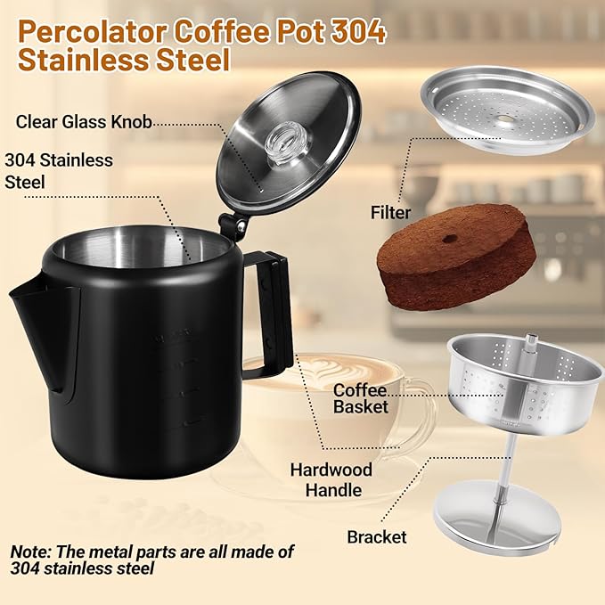 No Coating 12 Cup Percolator Coffee Pot 304 Stainless Steel Moka Pot Stovetop Espresso Maker Italian Greca Cuban Machine 2200ml 74.4oz Suitable for Gas Induction Stovetop Camping Kettle