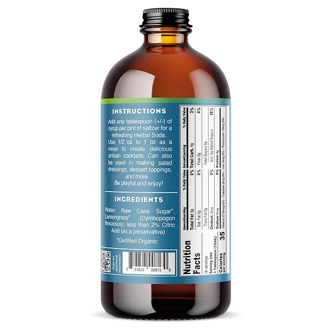 Bluestem Botanicals Organic Lemongrass Simple Syrup, 8 oz, Cocktail and Mocktail Mixer for Drinks, Non-Alcoholic