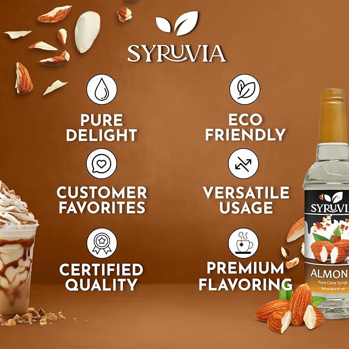 Syruvia Coffee Syrup, Almond Flavored Syrup for Drinks, Lattes, and Desserts – 25.4 fl oz,