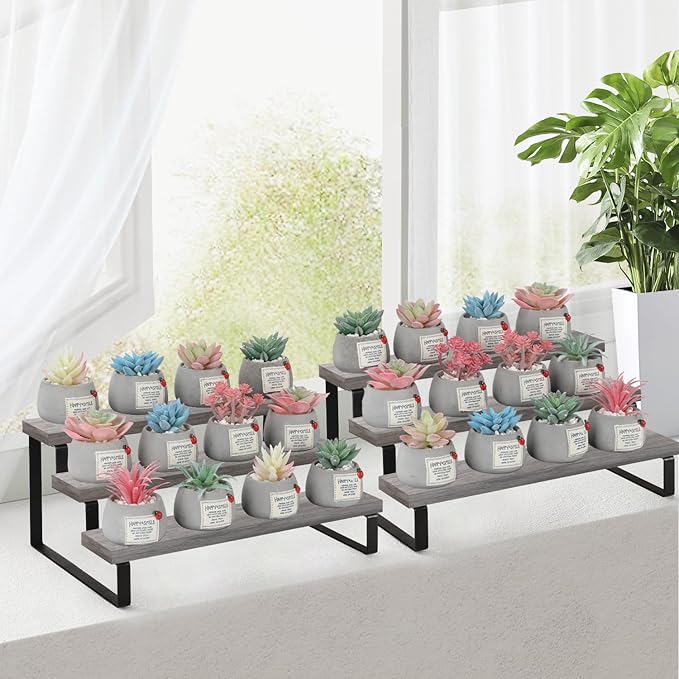 YINMIT Wooden Display Riser Stand, Tiered Perfume and Cologne Organizer Stand, 3 Tier Spice Rack Organizer, Rustic Display Shelf for Candles (3 Tier,2Pack,Grey)