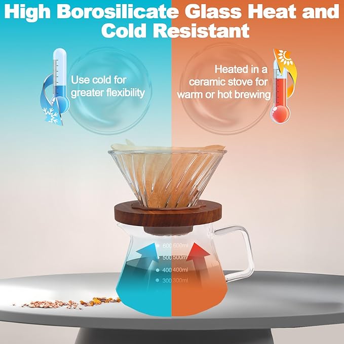 Pour Over Coffee Maker Set 600ml Portable with 100 Pcs Filter Paper Glass Coffee Maker High Borosilicate Glass Eagle Beak Spout Design Walnut Wood Base for Pour Over Dripper for Daily Brewing