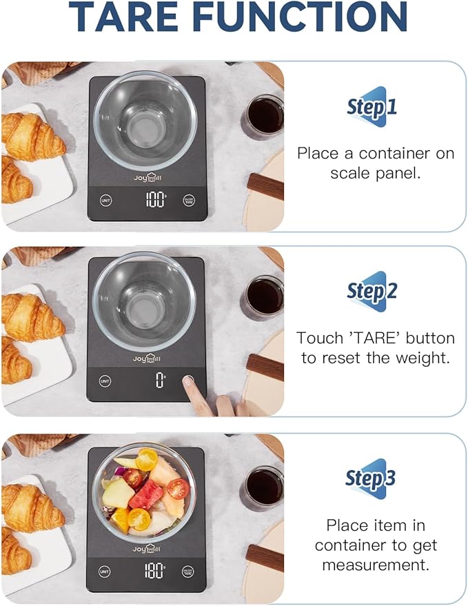 JOYHILL Food Scale, 22lb Digital Kitchen Scale Food Ounces and Grams for Weight Loss, Baking and Cooking, Premium Stainless Steel with LED Display, Batteries Included, Black