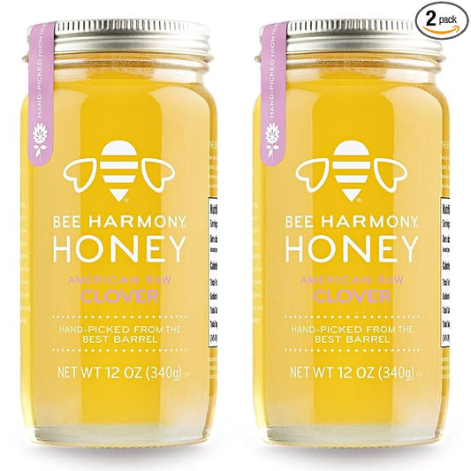 Bee Harmony Raw Clover Honey, 12 OZ (Pack of 2 Jars), Made in the USA
