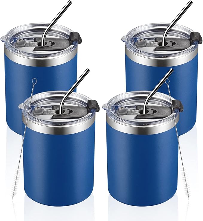 MEWAY 12 oz Lowball, Tumbler Stainless Steel Double Wall Vacuum Insulated Mug with Straw and Lid, Cleaning Brush ，Durable Powder Coated Insulated Coffee Cup for Cold & Hot Drinks (Navy,4 pack)
