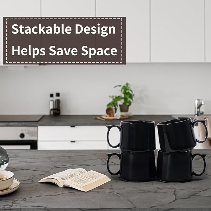 Coffee Mugs Gift Set of 4, Large 19 oz Stackable Ceramic Coffee Mug, Coffee Cups with Large Handle for Latte, Cappuccino, Milk, Tea, Dishwasher & Microwave Safe, Ideal for Men, Women - Black