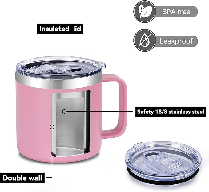VEGOND 14 oz Insulated Coffee Mug with Handle, Stainless Steel Travel Coffee Mug with Lid, Double Wall Vacuum Metal Coffee Cup, Coffee Tumbler Powder Coated, Pink 1 Pack