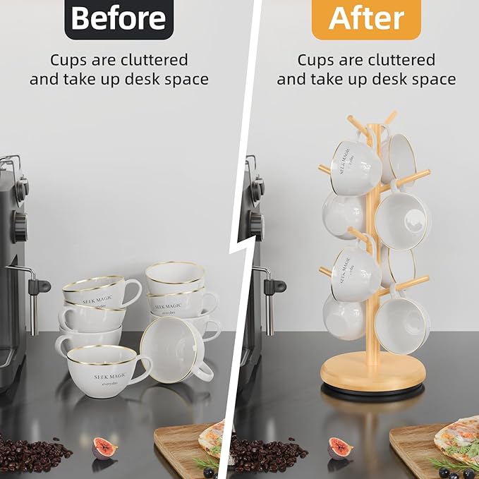 BAMBANG Mug Holder Tree, 360° Rotating 8 Hooks Coffee Cup Holder for Counter Top, Bamboo Coffee Mug Rack Stand for Kitchen Countertop Home, Natural