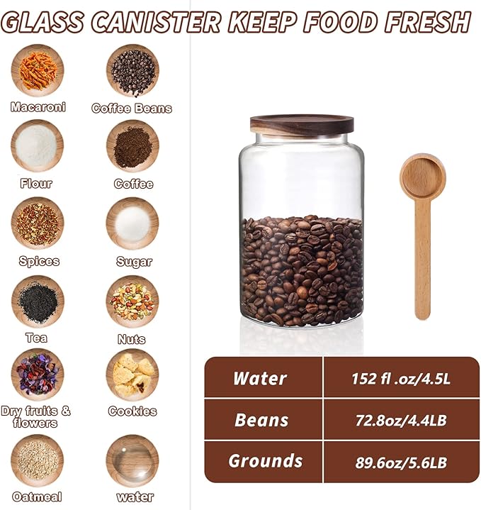 Large Glass Coffee Storage Jar with Lids Spoon Thicken Glass Coffee Canister Borosilicate Glass Food Containers for Ground Coffee Beans Nut Pasta Sugar Candy Spice Rice Loose Tea (4500ml/152oz)