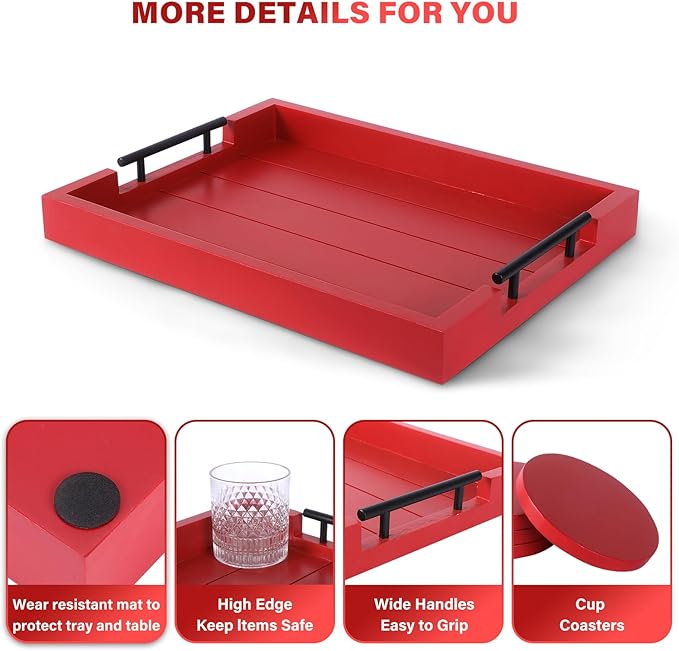 Ottoman Serving Tray | Decorative Coffee Table Tray with Handles – 17x13 Inch Wooden Tray with 4 Coasters for Breakfast, Kitchen & Bar
