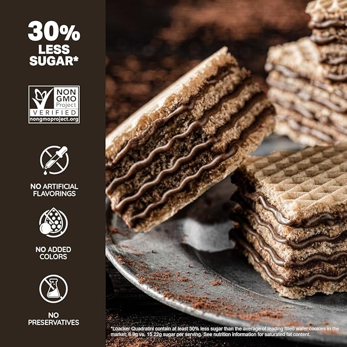 Loacker Quadratini Dark Chocolate Wafer Cookies LARGE - 30% Less Sugar - Premium Crispy Bite Size Wafers - NON-GMO - LARGE Pack of 6
