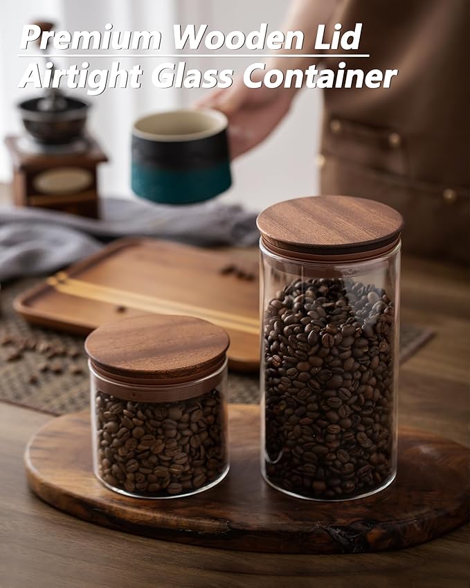 17 oz Coffee Canister with Scoop and Wooden Lids, Airtight Glass Coffee Beans Storage Container Sets of 2 for Ground Coffee,Food Storge Jars for Ground Coffee Bar Cereal Snack