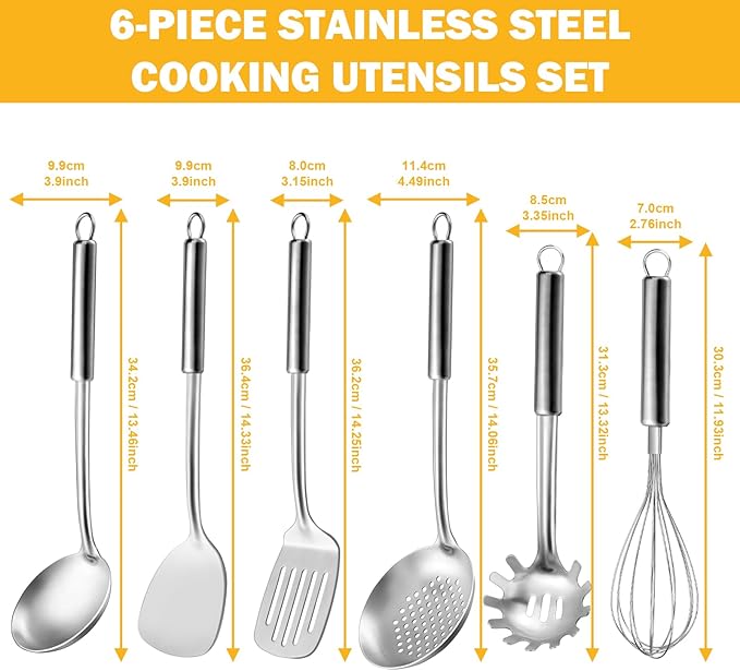 6-Piece Kitchen Cooking Utensils Set, Stainless Steel Kitchen Utensils with Suspendable Handle, Spatula, Slotted Turner, Soup Ladle, Slotted Spoon, Whisk, Pasta Server, Dishwasher Safe