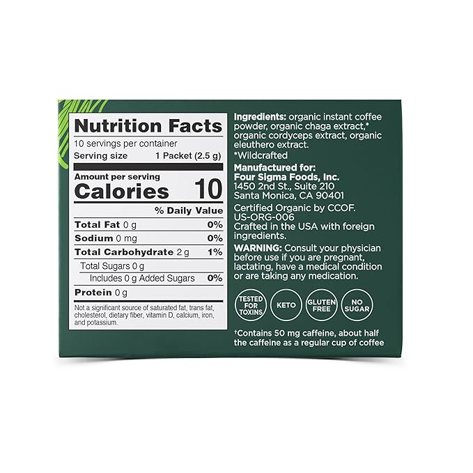 Four Sigmatic Organic Instant Coffee Powder | Mushroom Coffee Instant Mix with Cordyceps, Chaga and Eleuthero for Better Focus and Immune Support | 10 Packets