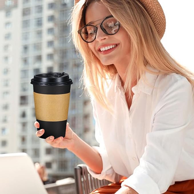Lamosi 100 Pack 16 oz Disposable Coffee Cups with Lids and Sleeves, Black Leak-Proof To Go Coffee Cups with Lids, Hot/Cold Beverage Black Drinking Cup for Home, Office, Parties, Travel