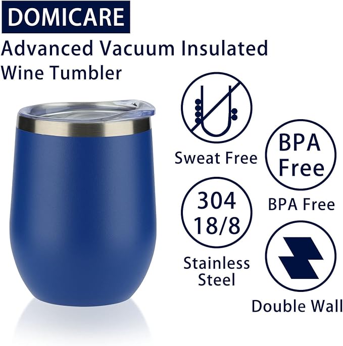 DOMICARE Stainless Steel Wine Tumbler Bulk with Lid, Personalized Insulated Tumblers Set, 12oz Travel Coffee Cups Pack of 16, Dark Blue