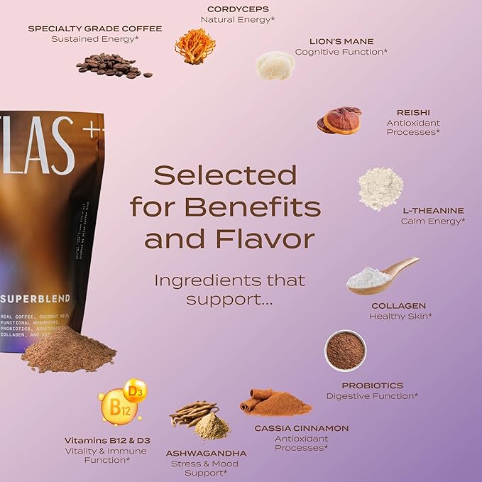 Atlas+ Latte Superblend– Instant Mushroom Coffee with Lion’s Mane, Reishi, Cordyceps, Ashwagandha, Probiotics, Vitamin D3 & B12, Coconut– for Energy, Focus, Immunity & Gut Health– 40 Servings (2 bags)