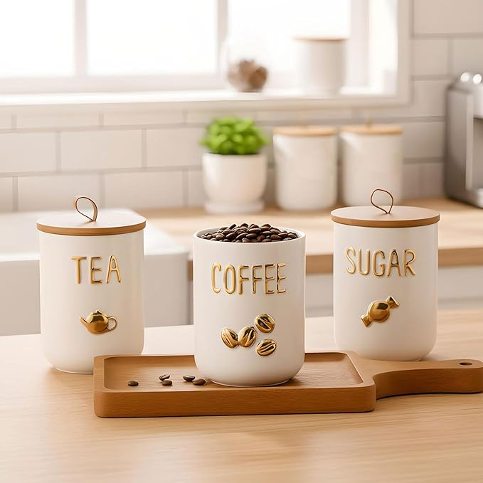 jessie 27oz Ceramics Coffee Canisters with Airtight Seal Bamboo Lid Silicone,Coffee Bean Storage for Kitchen Countertop,Food Storage Jars for Coffee Bean Ground Coffee Sugar and Tea(White)