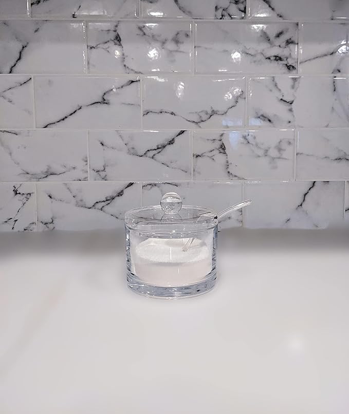 J&M DESIGN Clear Acrylic Sugar Bowl With Lid And Spoon For Coffee Bar Accessories, Cereal Bowls, Tea, Kitchen Countertop Canisters & Baking - 8 oz Container Jar Dispenser Holder - Dishwasher Safe