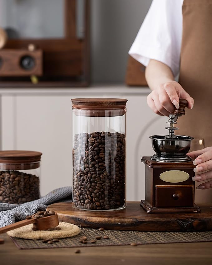 37 oz Coffee Canister with Scoop and Wooden Lids, Airtight Storage Container Sets of 2 for Ground Coffee & Beans, Glass Jars for Coffee Bar Organizer, Kitchen Countertop