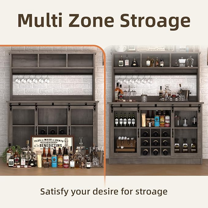 4ever2buy Farmhouse Coffee Bar Cabinet with 3 Storage Hutch, 47”Coffee Bar with Sliding Barn Doors, Hutch Cabinet with 6 Hooks & 9 Wine Racks for Dining Room, Kitchen, Wash Grey