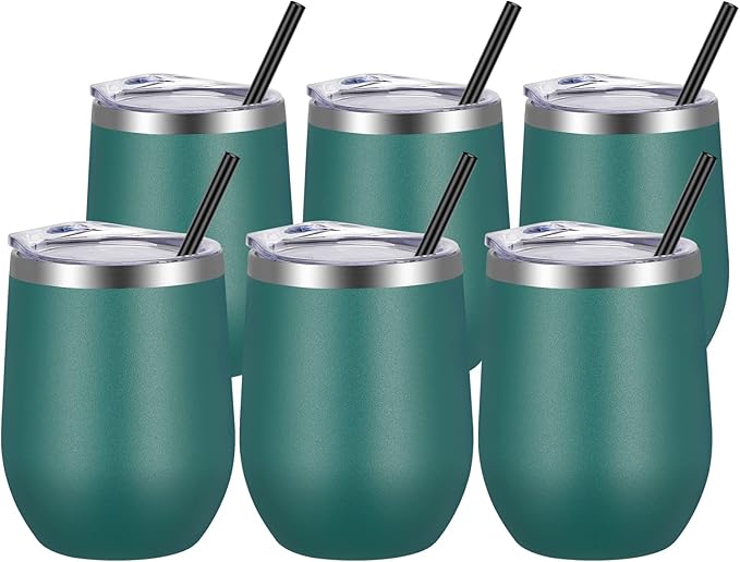 VEGOND Wine Tumblers Bulk 6 Pack, 12oz Stainless Steel Stemless Wine Glass with Lids and Straws, Double Wall Vacuum Insulated Tumbler Cup, Coffee Mug for Cold Hot Drinks