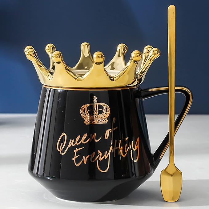 Queen of Everything Mug with Lid Sweet Black Mug with Crown Coffee 12 oz Mug Gift with Spoon & Coaster Ceramic Tea Mug Birthday Gift for Women Girls Mom Girlfriend