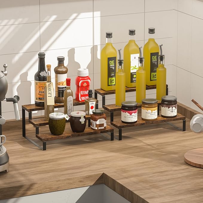 AUTARRONE Wooden Display Risers, 3-Tier Perfume Stand & Expandable Spice Rack Organizer, Cupcake Stand Holder & Display Shelf for Liquor, Figure & Dolls Collection (3-Tier, 2 Pack)