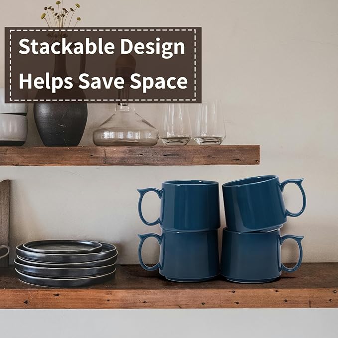 Coffee Mugs Gift Set of 4, Large 19 oz Stackable Ceramic Coffee Mug, Coffee Cups with Large Handle for Latte, Cappuccino, Milk, Dishwasher & Microwave Safe, Ideal Gift for Men, Women - Blue