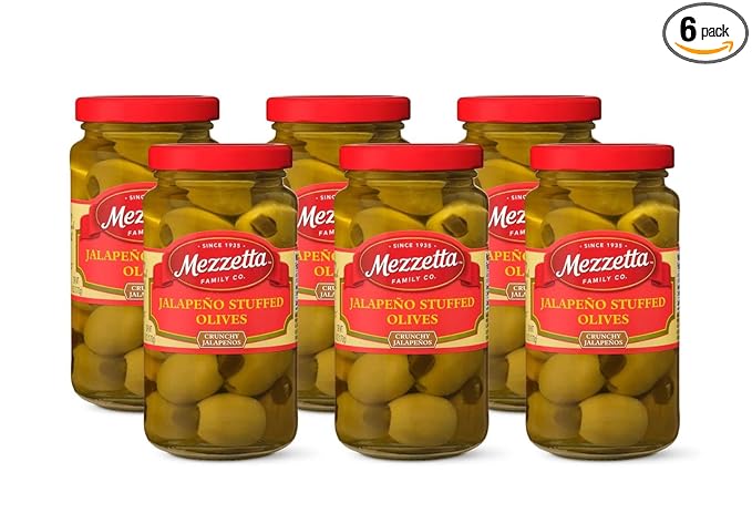 Mezzetta Jalapeño Stuffed Olives - Locally Grown Peppers from Napa Valley - Perfect Appetizer or Cocktail Addition - Crisp & Savory Green Fruits with Heat - Shipped Fresh - 6 Oz Jar - Pack of 6