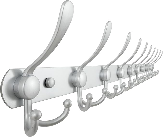 Dseap Coat Rack Wall Mount - 38” Long 10-Tri-Hooks Heavy Duty Coat Hanger Rail Wall Hooks for Hanging Coats Hats Clothing Clothes Purse Mudroom Entryway, Silver