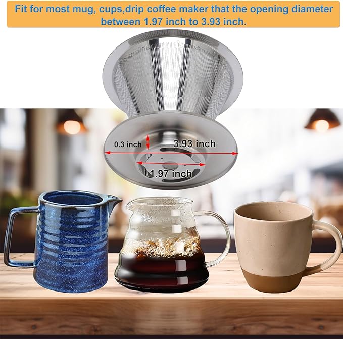 Pour Over Coffee Dripper,Double Mesh Stainless Steel Filter,Paperless Strainer Reusable Cone Coffee Filter With Handle, Maker 1-4 Cups