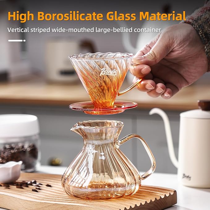 Bincoo Pour Over Coffee Maker Set,650ML Borosilicate Glass Carafe with Coffee Driper&50pcs Paper Filter,Glass Coffee Maker for Home Café Restaurant(Champagne)