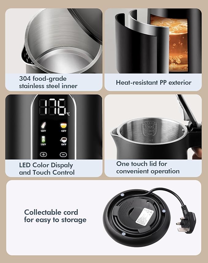 Electric Kettle with Precise Temperature Control, 1500W Fast Boil, 304 Stainless Steel 1.7L/1.8Qt BPA-Free | 4 Presets for Baby Milk, Coffee, Tea | 2H Keep Warm, Cool Touch Exterior